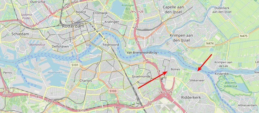 Kaartje omgeving Rotterdam met pijlen naar Bolnes en Slikkerveer