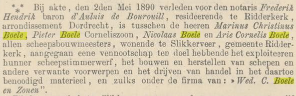 Afb. Bericht over de doorstart van de werf Wed. C. Boele en Zonen in de Staatscourant van 6 mei 1890