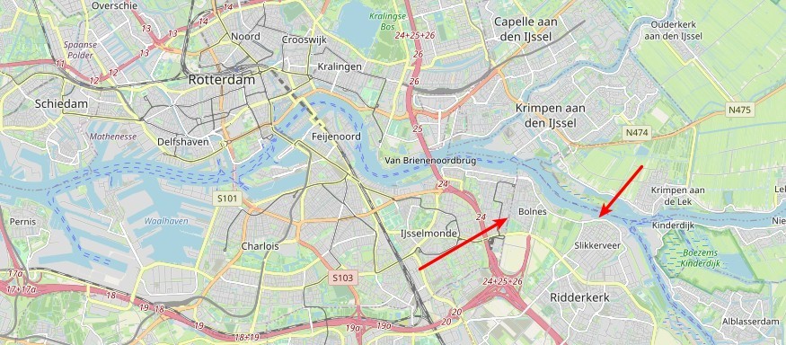 Afb. Een modern kaartje van Bolnes en Slikkerveer ten zuidoosten van Rotterdam