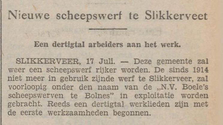 Afb. Krantenartikeltje over de heropening van de werf in Slikkerveer, 1929